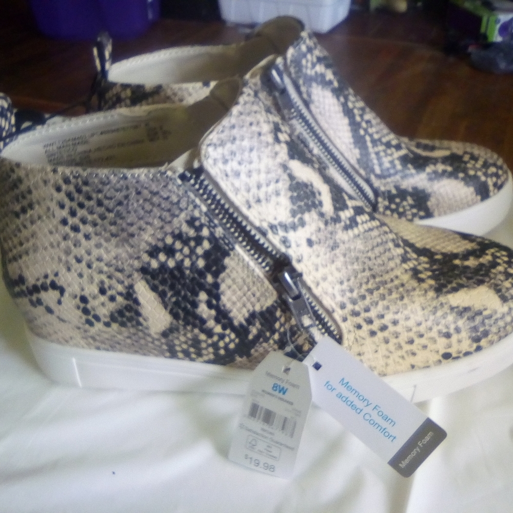 Faux snake skin sneaker ankle boots.
